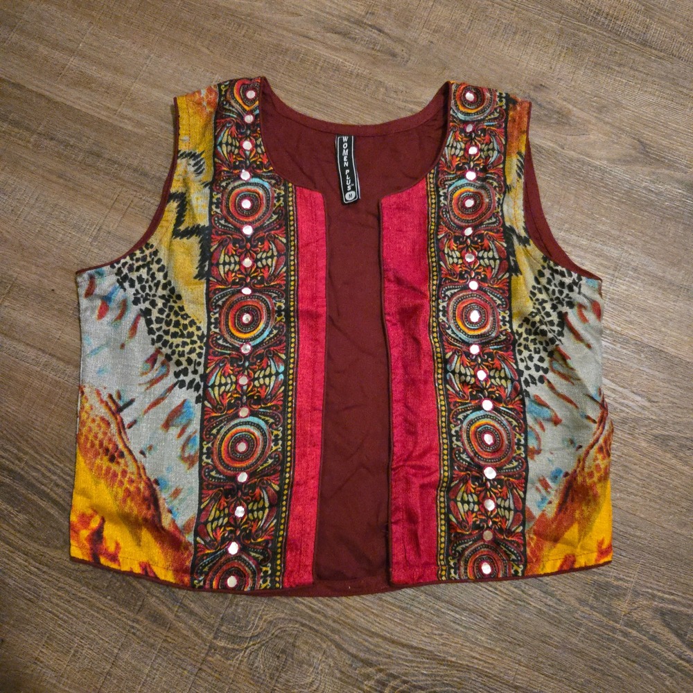 Mirror Embroidered Women Plus Vest Size M Womens Boho Festival India Red Multi